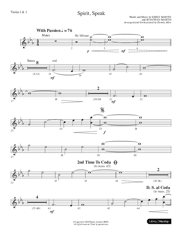 Spirit Speak (Choral Anthem SATB) Violin 1/2 (Lifeway Choral / Arr. Dennis Allen)