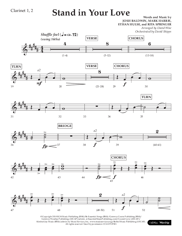 Stand In Your Love (Choral Anthem SATB) Clarinet 1/2 (Lifeway Choral / Arr. David Wise / Orch. David Shipps)