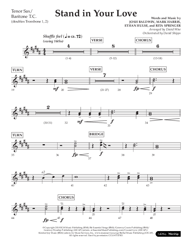 Stand In Your Love (Choral Anthem SATB) Tenor Sax/Baritone T.C. (Lifeway Choral / Arr. David Wise / Orch. David Shipps)