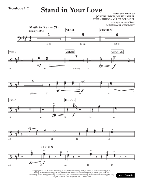 Stand In Your Love (Choral Anthem SATB) Trombone 1/2 (Lifeway Choral / Arr. David Wise / Orch. David Shipps)
