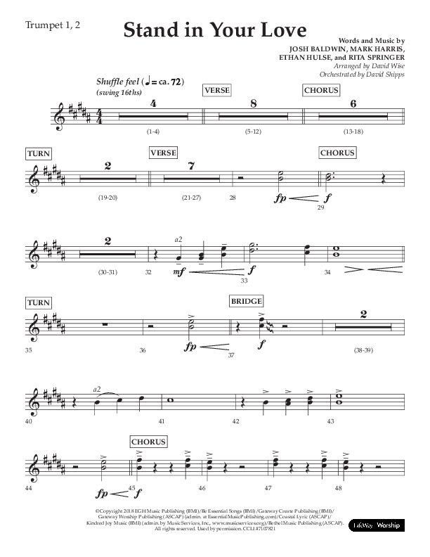 Stand In Your Love (Choral Anthem SATB) Trumpet 1,2 (Lifeway Choral / Arr. David Wise / Orch. David Shipps)