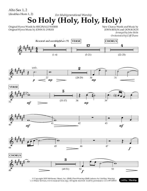So Holy (Holy Holy Holy) (Choral Anthem SATB) Alto Sax 1/2 (Lifeway Choral / Arr. John Bolin / Orch. Cliff Duren)