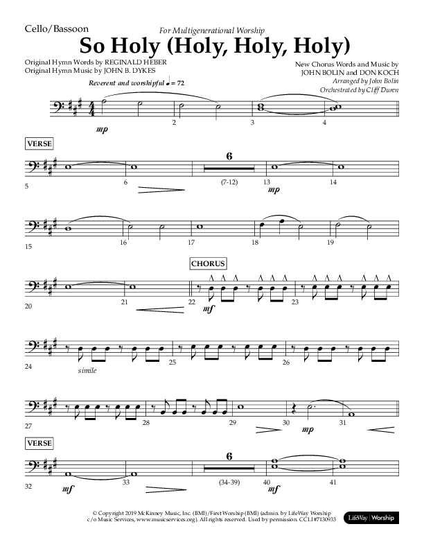 So Holy (Holy Holy Holy) (Choral Anthem SATB) Cello (Lifeway Choral / Arr. John Bolin / Orch. Cliff Duren)