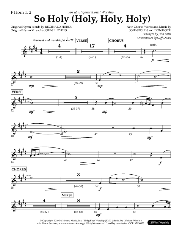 So Holy (Holy Holy Holy) (Choral Anthem SATB) French Horn 1/2 (Lifeway Choral / Arr. John Bolin / Orch. Cliff Duren)