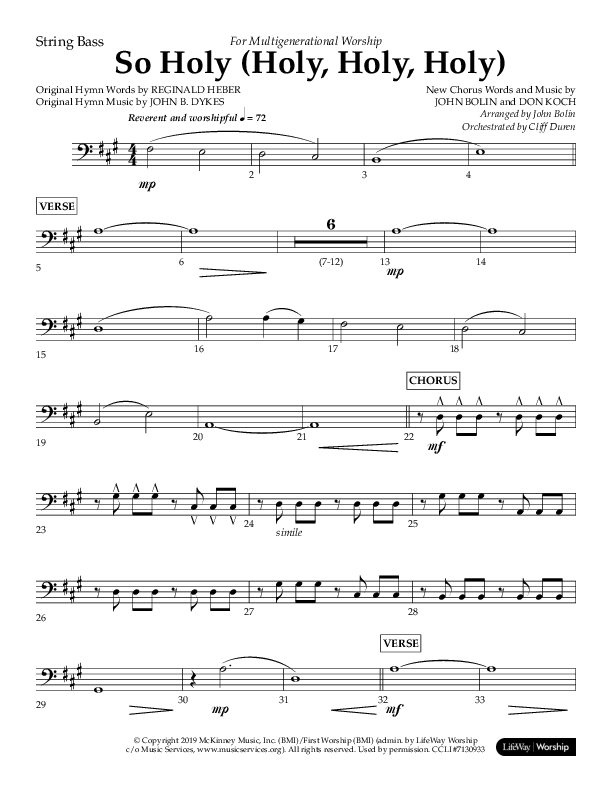 So Holy (Holy Holy Holy) (Choral Anthem SATB) String Bass (Lifeway Choral / Arr. John Bolin / Orch. Cliff Duren)