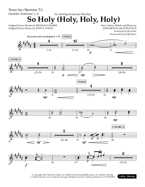 So Holy (Holy Holy Holy) (Choral Anthem SATB) Tenor Sax/Baritone T.C. (Lifeway Choral / Arr. John Bolin / Orch. Cliff Duren)