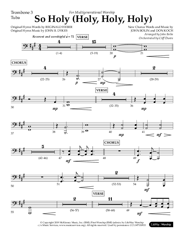 So Holy (Holy Holy Holy) (Choral Anthem SATB) Trombone 3/Tuba (Lifeway Choral / Arr. John Bolin / Orch. Cliff Duren)