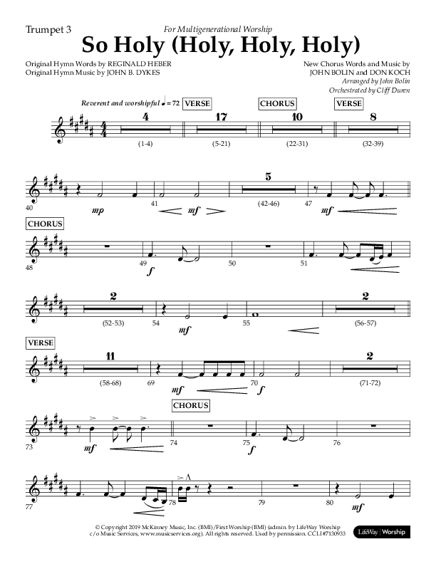 So Holy (Holy Holy Holy) (Choral Anthem SATB) Trumpet 3 (Lifeway Choral / Arr. John Bolin / Orch. Cliff Duren)
