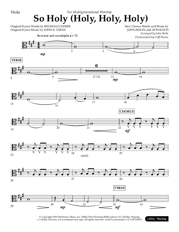 So Holy (Holy Holy Holy) (Choral Anthem SATB) Viola (Lifeway Choral / Arr. John Bolin / Orch. Cliff Duren)