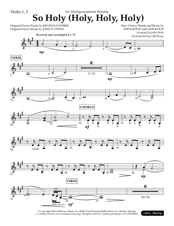 So Holy (Holy Holy Holy) (Choral Anthem SATB) Violin 1/2 (Lifeway Choral / Arr. John Bolin / Orch. Cliff Duren)
