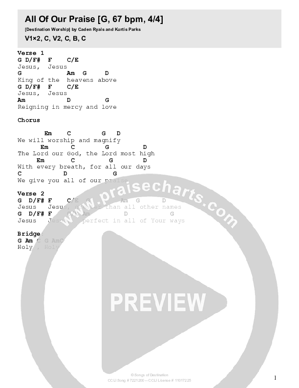 All Of Our Praise Chord Chart (Destination Worship)