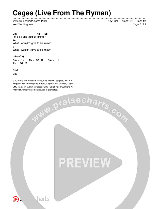 Cages (Live From The Ryman) Chords & Lyrics (We The Kingdom)