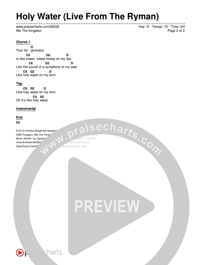 Holy Water (Live From The Ryman) Chords & Lyrics (We The Kingdom)