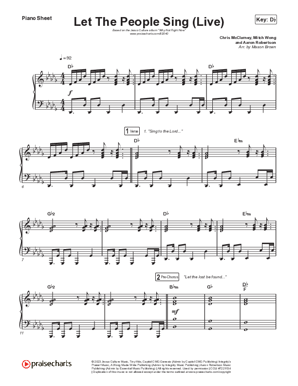 Let The People Sing (Live) Piano Sheet (Jesus Culture)