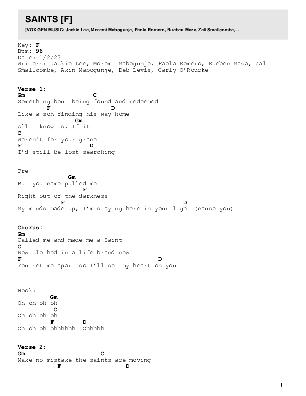 Saints Chord Chart (VOX GEN)