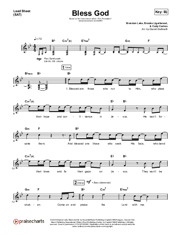 Bless God (Live) Lead Sheet (SAT) (Cody Carnes)