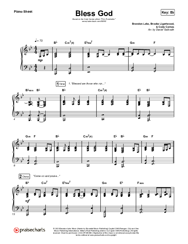 Bless God (Live) Piano Sheet (Cody Carnes)