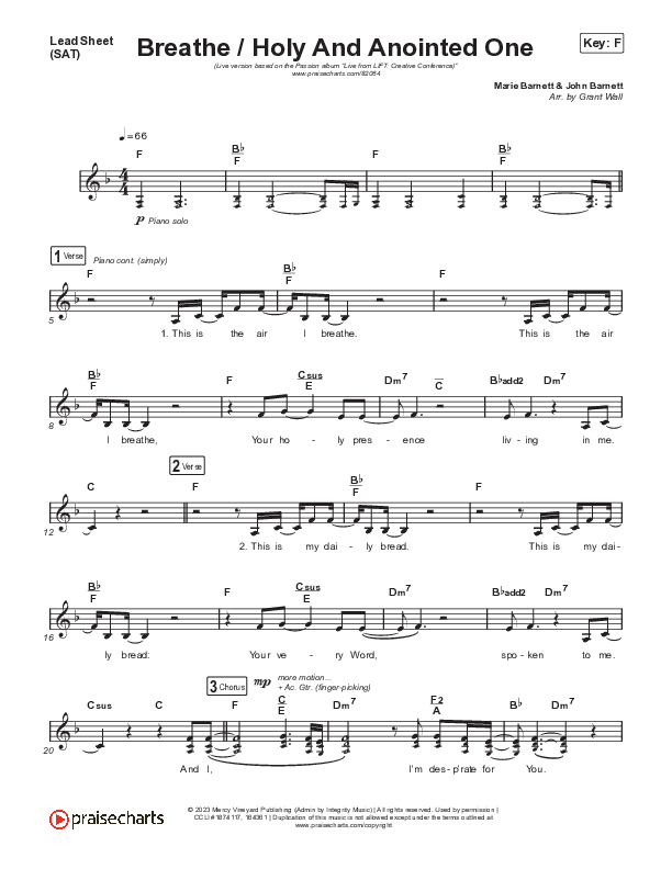 Breathe / Holy And Anointed One (Live From Lift Creative Conference) Lead Sheet (SAT) (Passion / Chidima)