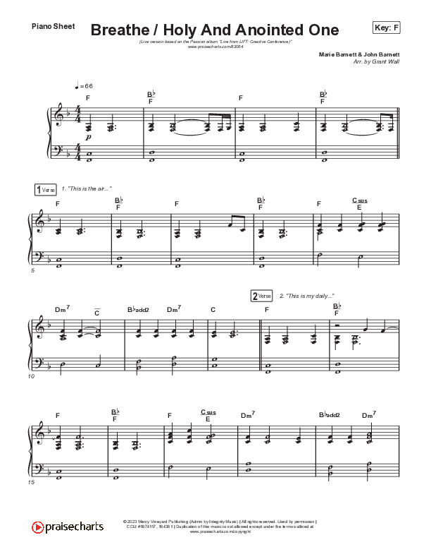 Breathe / Holy And Anointed One (Live From Lift Creative Conference) Piano Sheet (Passion / Chidima)
