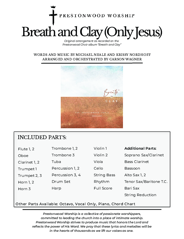 Breath And Clay (Only Jesus) (Choral Anthem SATB) Orchestration (Prestonwood Worship / Prestonwood Choir / Arr. Carson Wagner)