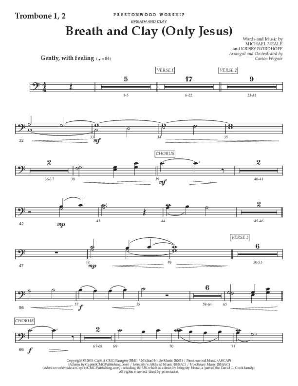 Breath And Clay (Only Jesus) (Choral Anthem SATB) Trombone 1/2 (Prestonwood Worship / Prestonwood Choir / Arr. Carson Wagner)