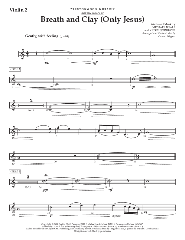 Breath And Clay (Only Jesus) (Choral Anthem SATB) Violin 2 (Prestonwood Worship / Prestonwood Choir / Arr. Carson Wagner)