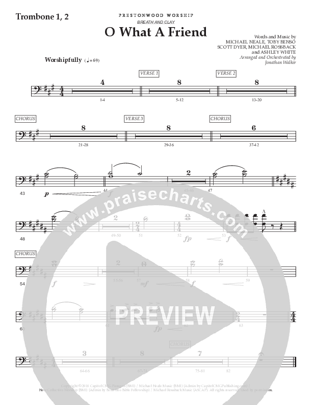O What A Friend (Choral Anthem SATB) Trombone 1/2 (Prestonwood Worship / Prestonwood Choir / Arr. Jonathan Walker)