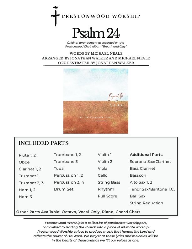 Psalm 24 (Choral Anthem SATB) Orchestration (Prestonwood Worship / Prestonwood Choir / Arr. Jonathan Walker / Orch. Michael Neale)
