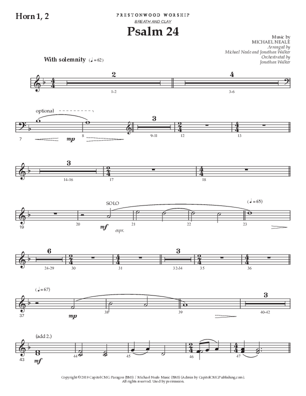 Psalm 24 (Choral Anthem SATB) French Horn 1/2 (Prestonwood Worship / Prestonwood Choir / Arr. Jonathan Walker / Orch. Michael Neale)