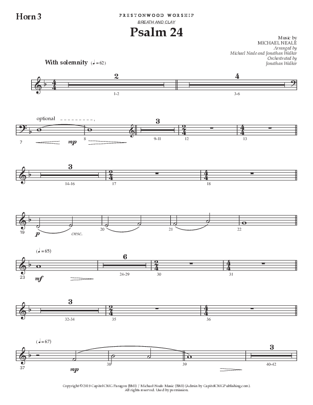 Psalm 24 (Choral Anthem SATB) French Horn 3 (Prestonwood Worship / Prestonwood Choir / Arr. Jonathan Walker / Orch. Michael Neale)
