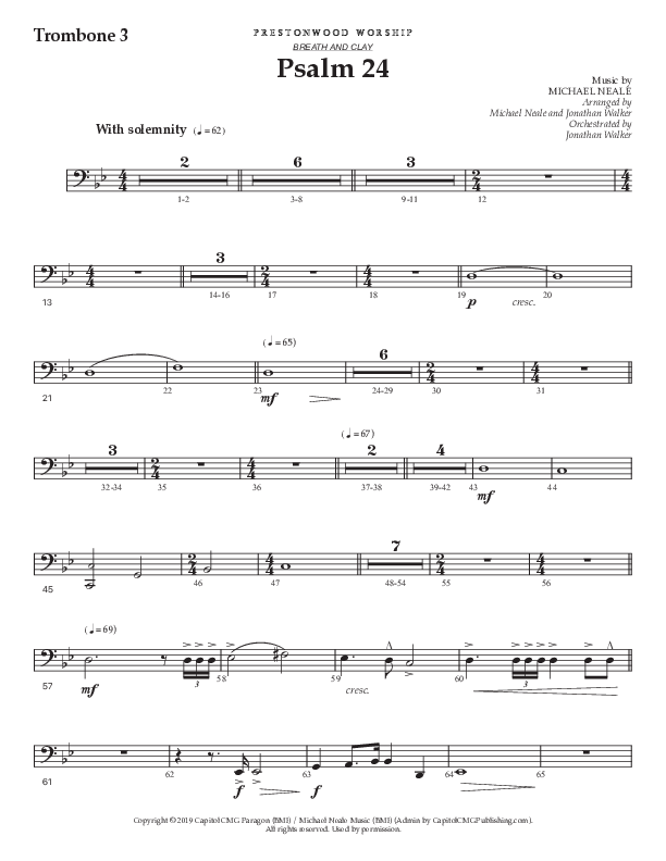 Psalm 24 (Choral Anthem SATB) Trombone 3 (Prestonwood Worship / Prestonwood Choir / Arr. Jonathan Walker / Orch. Michael Neale)