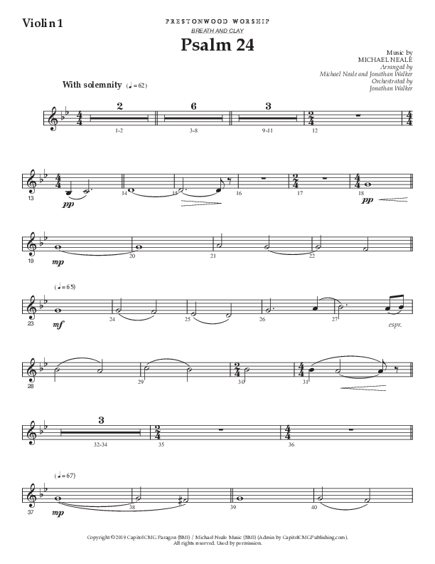 Psalm 24 (Choral Anthem SATB) Violin 1 (Prestonwood Worship / Prestonwood Choir / Arr. Jonathan Walker / Orch. Michael Neale)