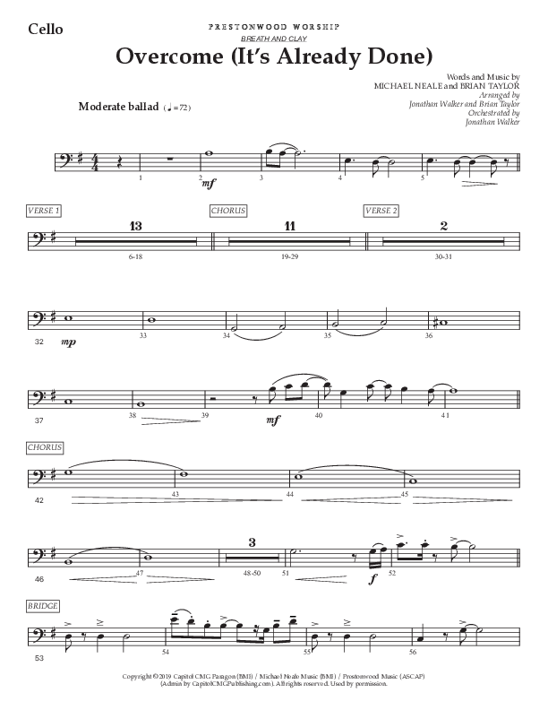 Overcome (It's Already Done) (Choral Anthem SATB) Cello (Prestonwood Worship / Prestonwood Choir / Arr. Brian Taylor / Orch. Jonathan Walker)