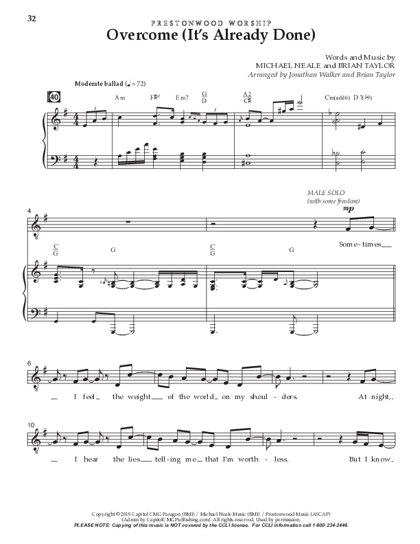 Overcome (It's Already Done) (Choral Anthem SATB) Choir Sheet CH (Prestonwood Worship / Prestonwood Choir / Arr. Brian Taylor / Orch. Jonathan Walker)