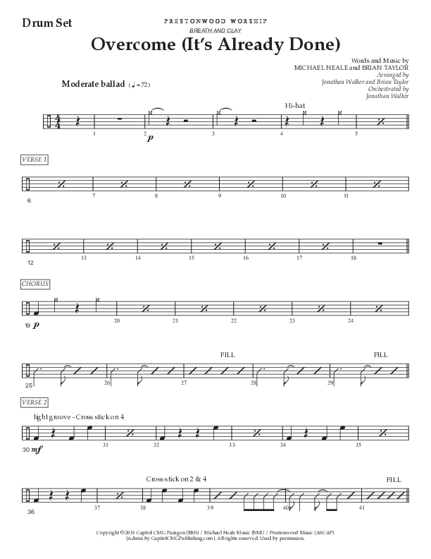 Overcome (It's Already Done) (Choral Anthem SATB) Drum Set (Prestonwood Worship / Prestonwood Choir / Arr. Brian Taylor / Orch. Jonathan Walker)