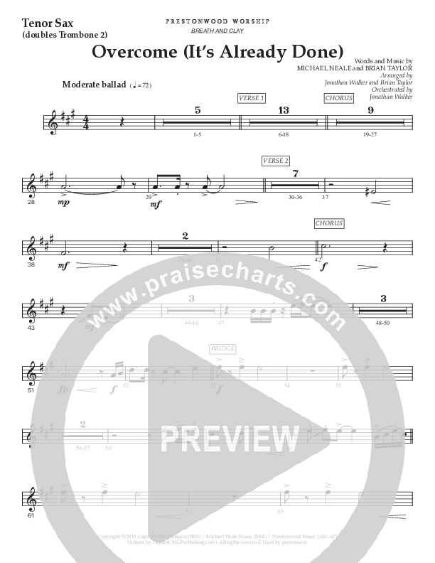 Overcome (It's Already Done) (Choral Anthem SATB) Tenor Sax/Baritone T.C. (Prestonwood Worship / Prestonwood Choir / Arr. Brian Taylor / Orch. Jonathan Walker)