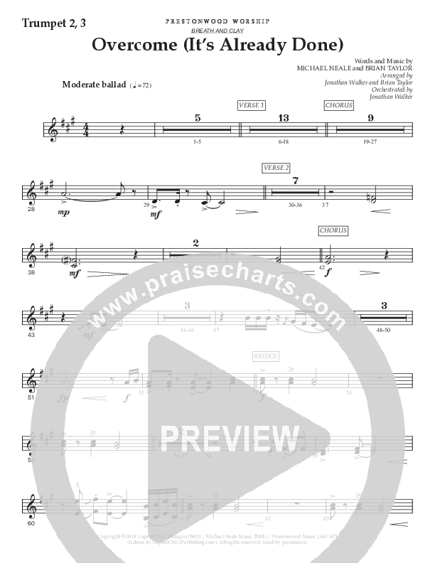 Overcome (It's Already Done) (Choral Anthem SATB) Trumpet 2/3 (Prestonwood Worship / Prestonwood Choir / Arr. Brian Taylor / Orch. Jonathan Walker)