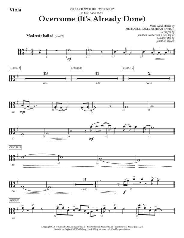 Overcome (It's Already Done) (Choral Anthem SATB) Viola (Prestonwood Worship / Prestonwood Choir / Arr. Brian Taylor / Orch. Jonathan Walker)