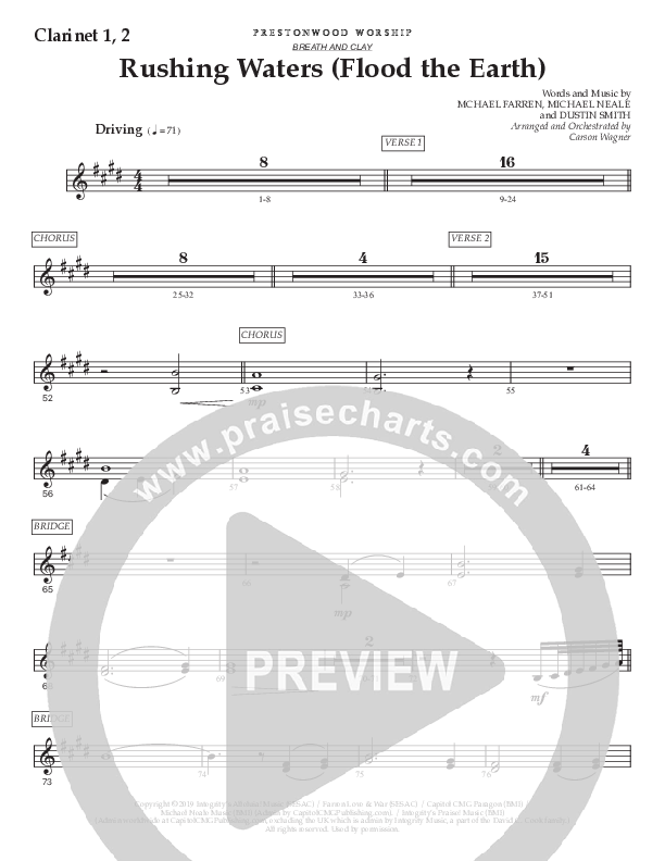 Rushing Waters (Flood The Earth) (Choral Anthem SATB) Clarinet 1/2 (Prestonwood Worship / Prestonwood Choir / Arr. Carson Wagner)