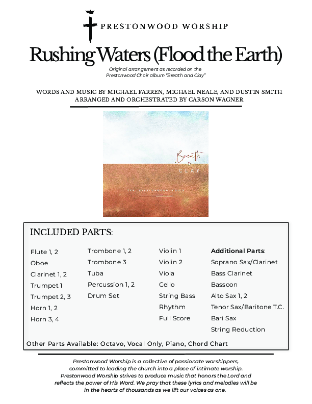 Rushing Waters (Flood The Earth) (Choral Anthem SATB) Cover Sheet (Prestonwood Worship / Prestonwood Choir / Arr. Carson Wagner)