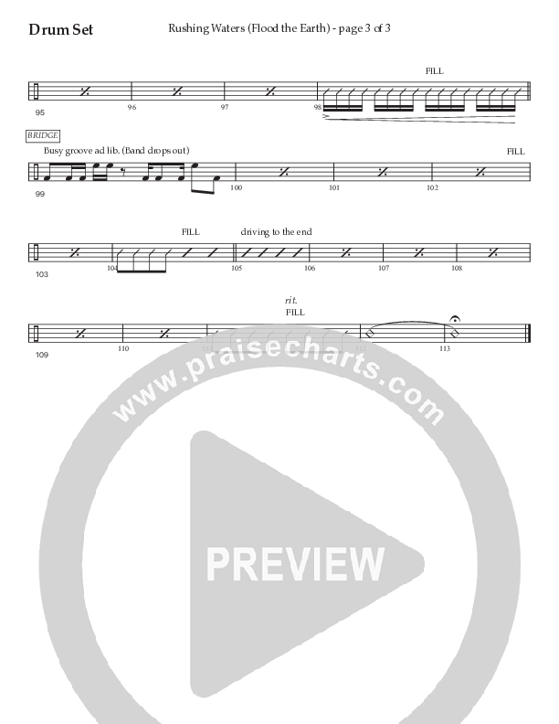Rushing Waters (Flood The Earth) (Choral Anthem SATB) Drum Set (Prestonwood Worship / Prestonwood Choir / Arr. Carson Wagner)