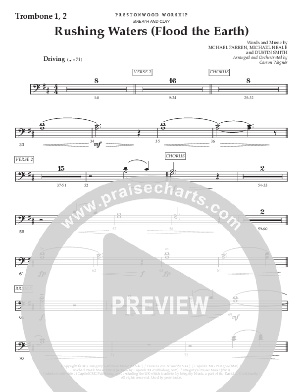 Rushing Waters (Flood The Earth) (Choral Anthem SATB) Trombone 1/2 (Prestonwood Worship / Prestonwood Choir / Arr. Carson Wagner)
