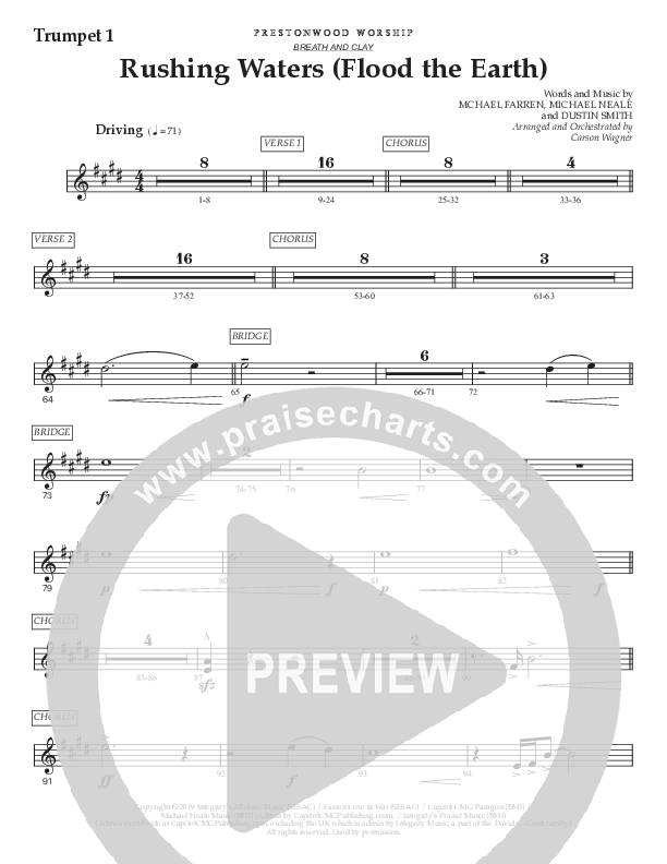 Rushing Waters (Flood The Earth) (Choral Anthem SATB) Trumpet 1 (Prestonwood Worship / Prestonwood Choir / Arr. Carson Wagner)