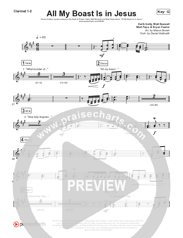 All My Boast Is In Jesus (Choral Anthem SATB) Clarinet 1/2 (Matt Papa / Matt Boswell / Arr. Mason Brown / Keith & Kristyn Getty)