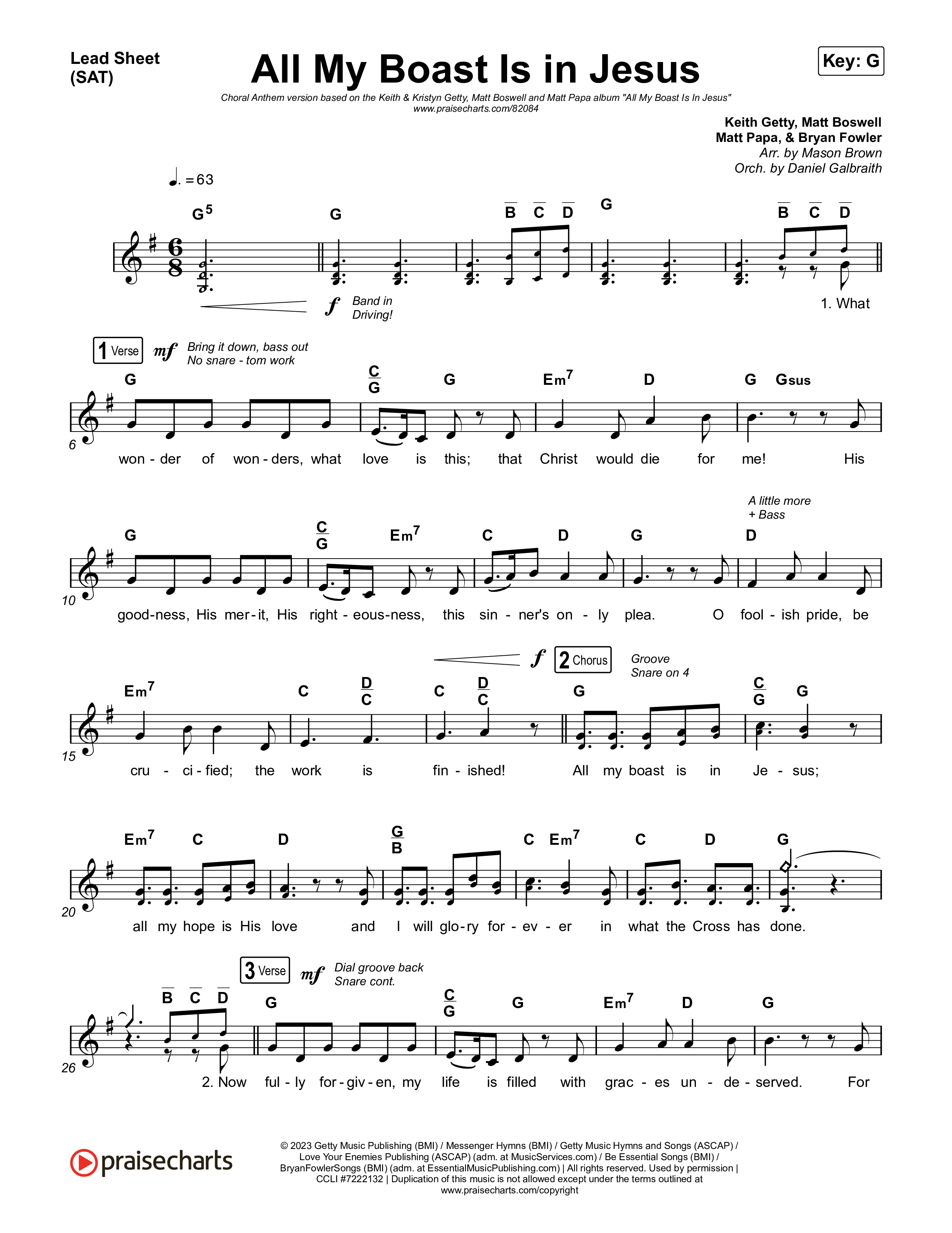 All My Boast Is In Jesus (Choral Anthem SATB) Lead Sheet (SAT) (Matt Papa / Matt Boswell / Arr. Mason Brown / Keith & Kristyn Getty)