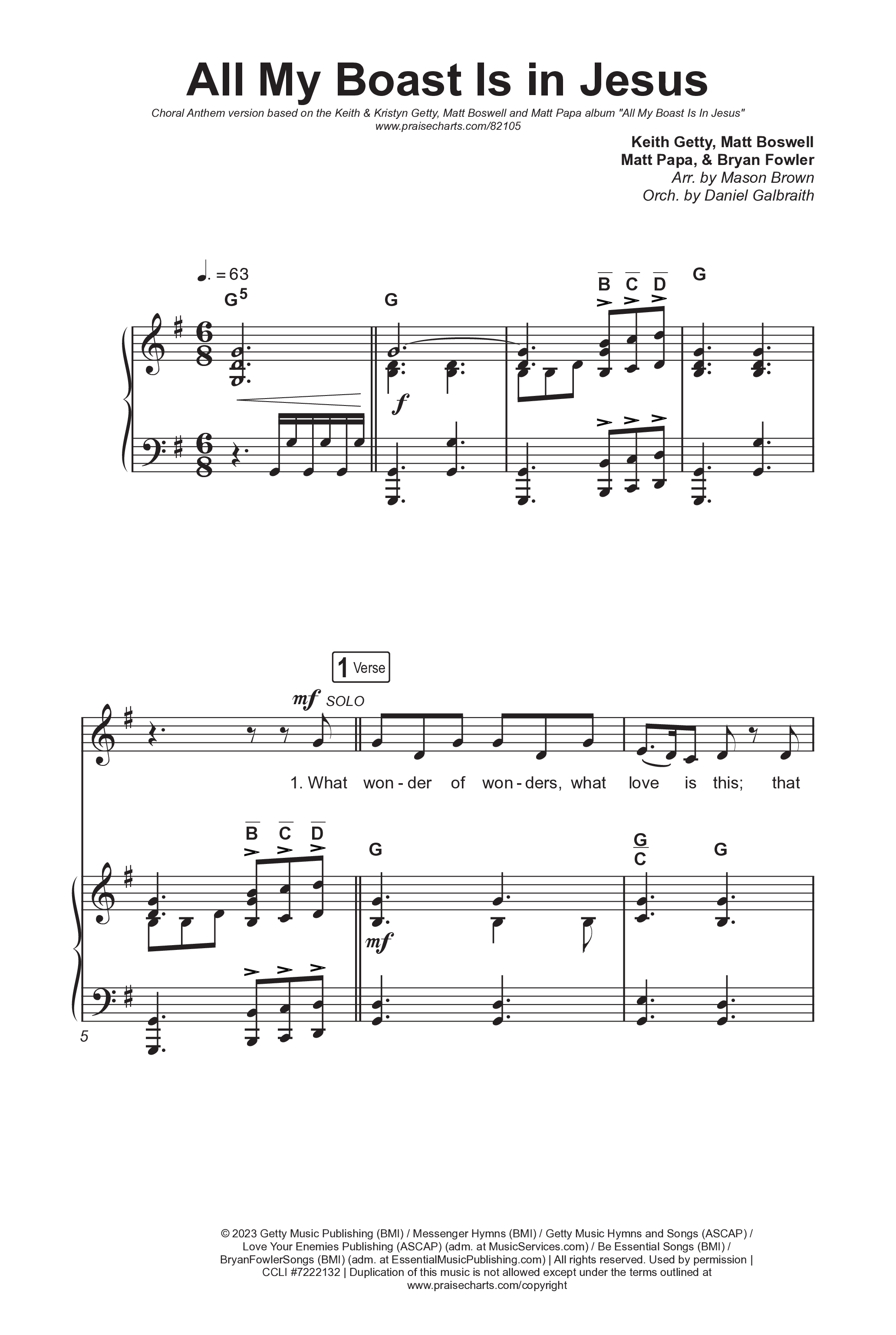 All My Boast Is In Jesus (Choral Anthem SATB) Octavo (SATB & Pno) (Matt Papa / Matt Boswell / Arr. Mason Brown / Keith & Kristyn Getty)