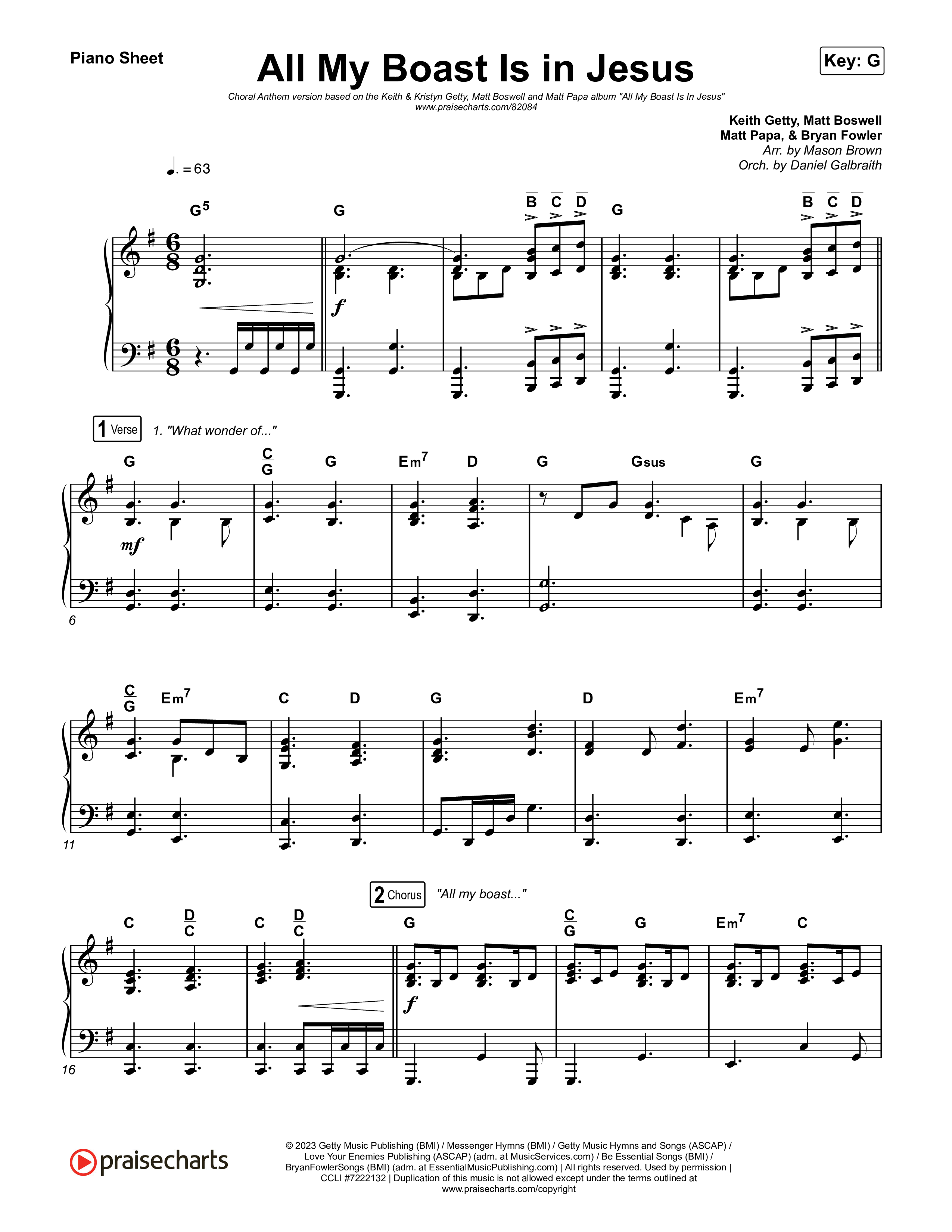 All My Boast Is In Jesus (Choral Anthem SATB) Piano Sheet (Matt Papa / Matt Boswell / Arr. Mason Brown / Keith & Kristyn Getty)
