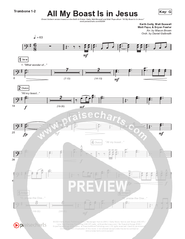 All My Boast Is In Jesus (Choral Anthem SATB) Trombone 1,2 (Matt Papa / Matt Boswell / Arr. Mason Brown / Keith & Kristyn Getty)