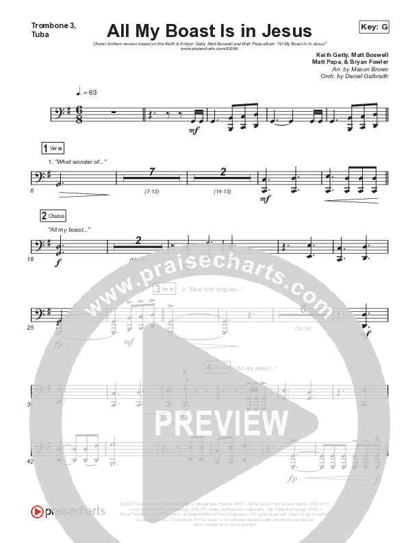 All My Boast Is In Jesus (Choral Anthem SATB) Trombone 3/Tuba (Matt Papa / Matt Boswell / Arr. Mason Brown / Keith & Kristyn Getty)