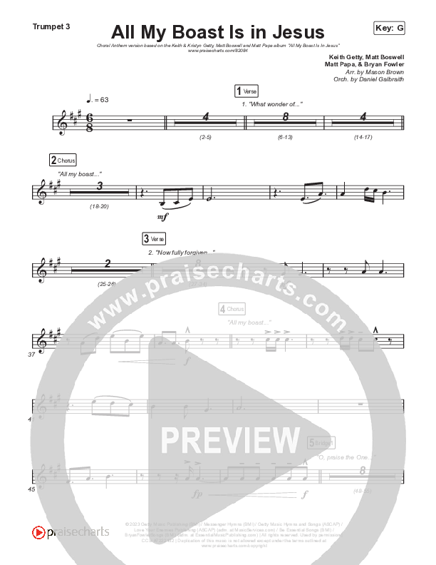 All My Boast Is In Jesus (Choral Anthem SATB) Trumpet 3 (Matt Papa / Matt Boswell / Arr. Mason Brown / Keith & Kristyn Getty)